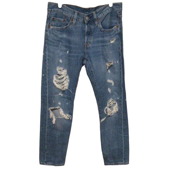 Levi's 501 T Women's Blue Distressed Tapered Denim Jeans Size 0 W25 L28 - Picture 1 of 3